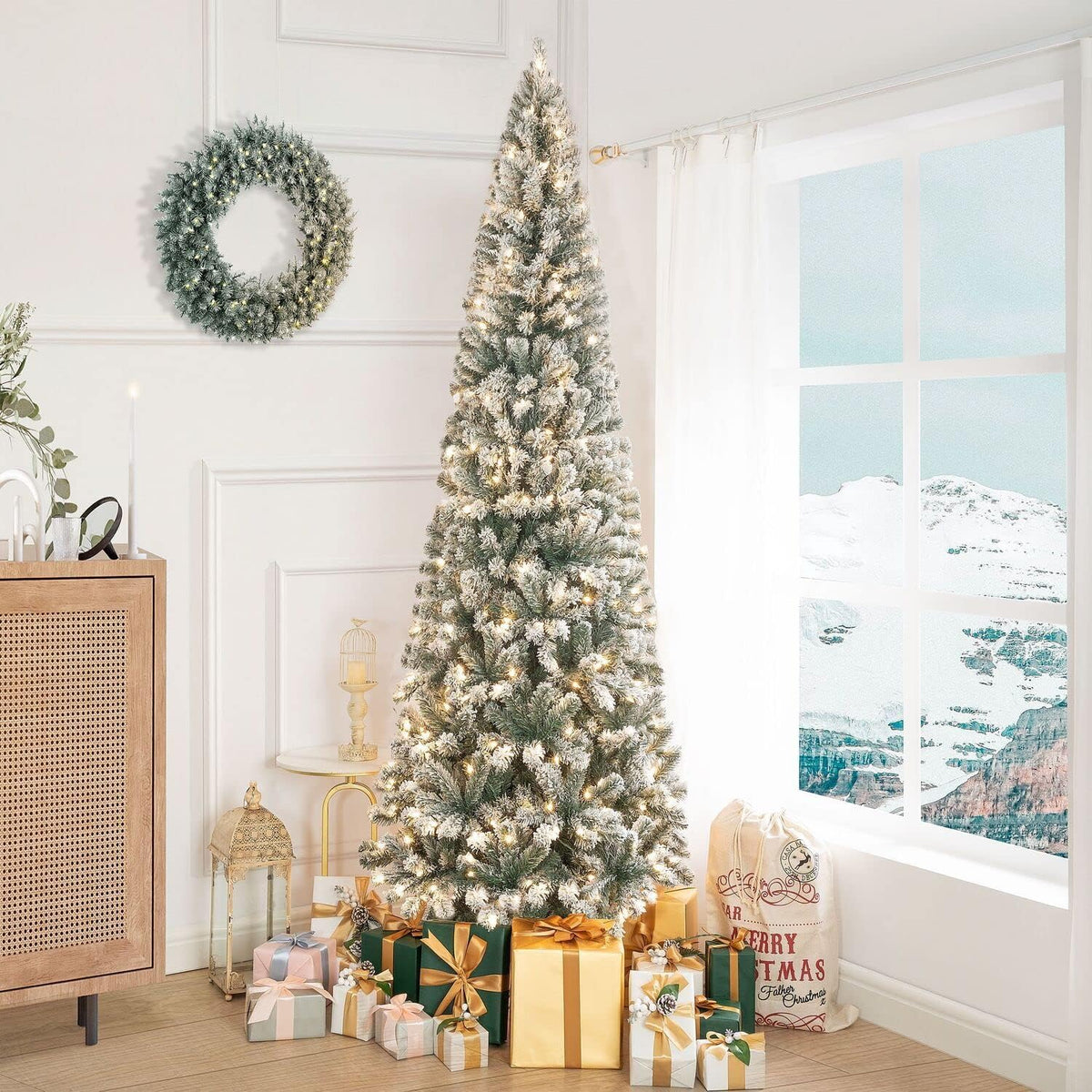 Naomi Home Salzburg 9ft Frosted Prelit Slim Artificial Christmas Tree with 1455 Branch Tips, 500