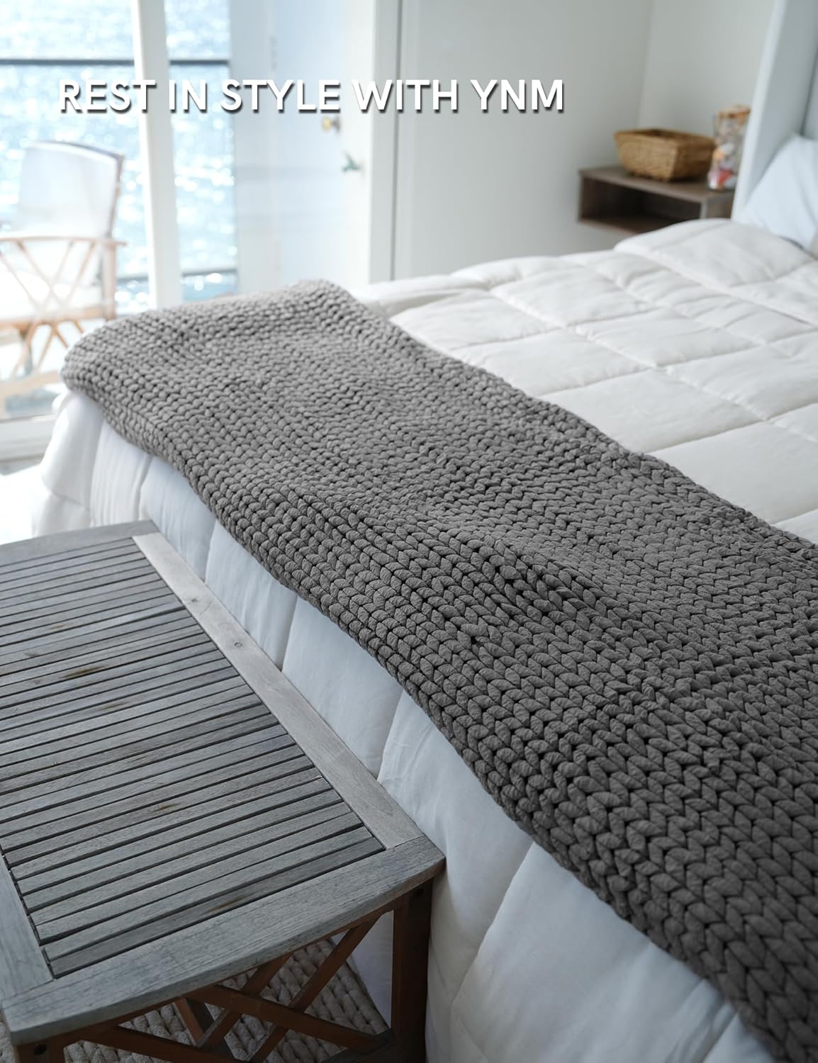 YnM Chunky Throw Blanket, Medium-Weight, Hand Knitted, Skin Friendly, Ventilated and Breathable
