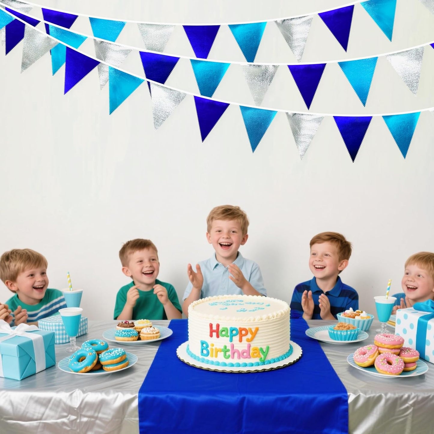 Navy Blue Silver Party Decorations Metallic Fabric Triangle Pennant Banner Flag Bunting Garland for
