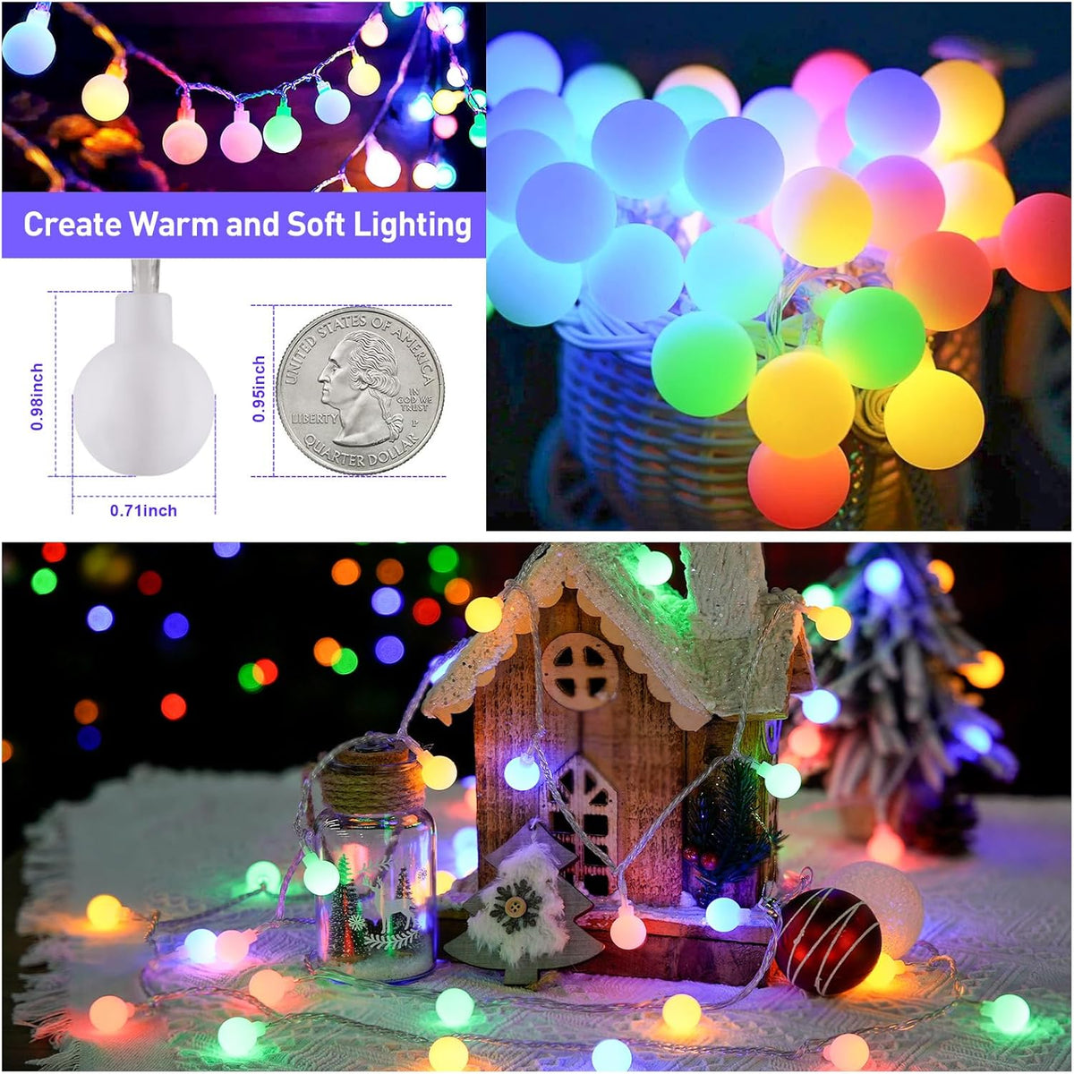 JMEXSUSS 100 LED Connectable Christmas String Lights Indoor Plug in, 33ft 8 Mode Globe String
