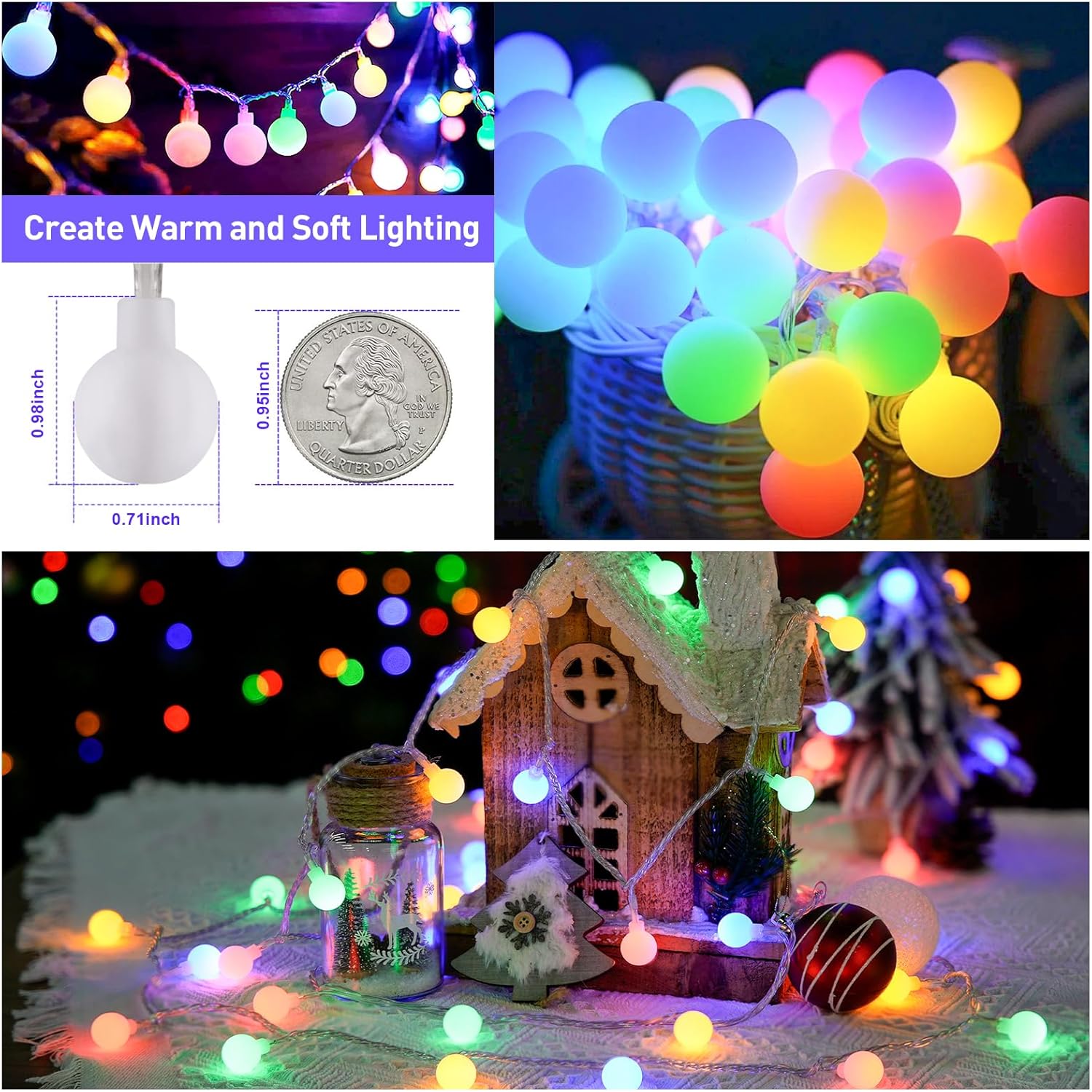 JMEXSUSS 100 LED Connectable Christmas String Lights Indoor Plug in, 33ft 8 Mode Globe String