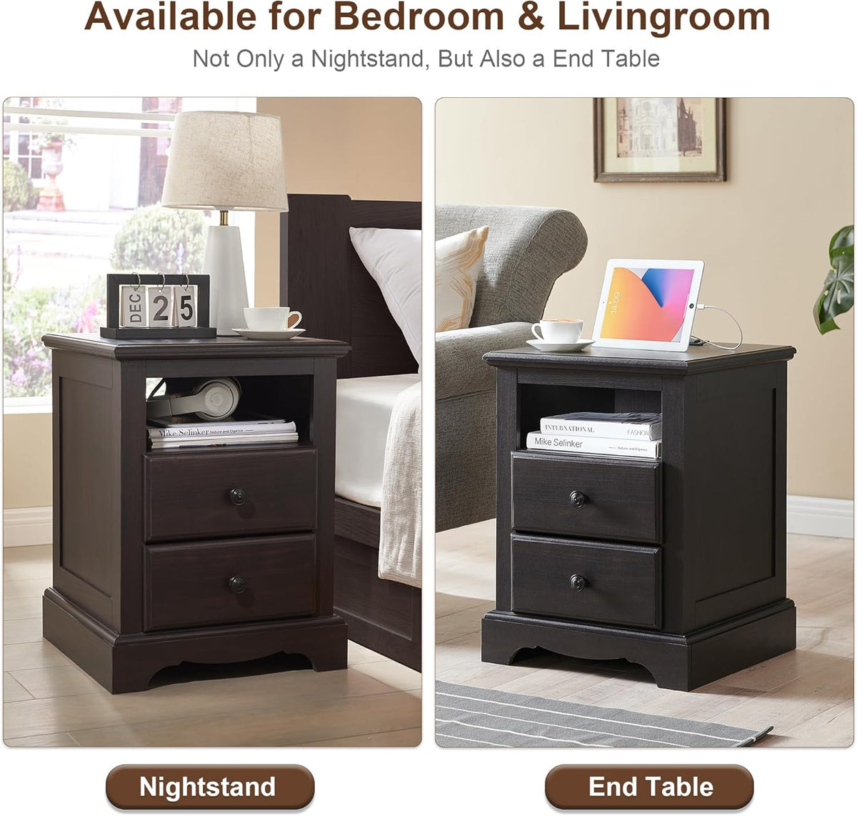 T4TREAM Nightstand with Charging Station, 18 Inch Vintage End Table with 2 Drawers for Living Room