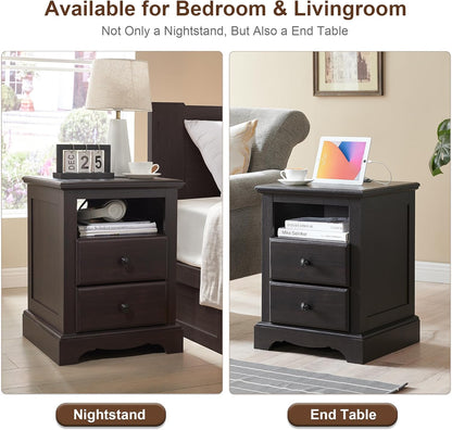 T4TREAM Nightstand with Charging Station, 18 Inch Vintage End Table with 2 Drawers for Living Room