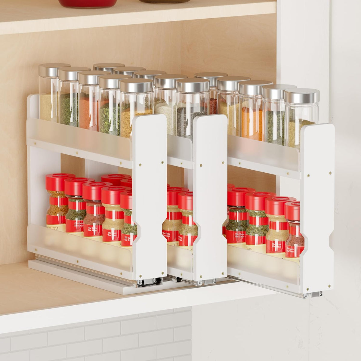 SpaceAid Bamboo Pull Out Spice Rack Organizer for Cabinet, Heavy Duty Slide Out Seasoning Kitchen