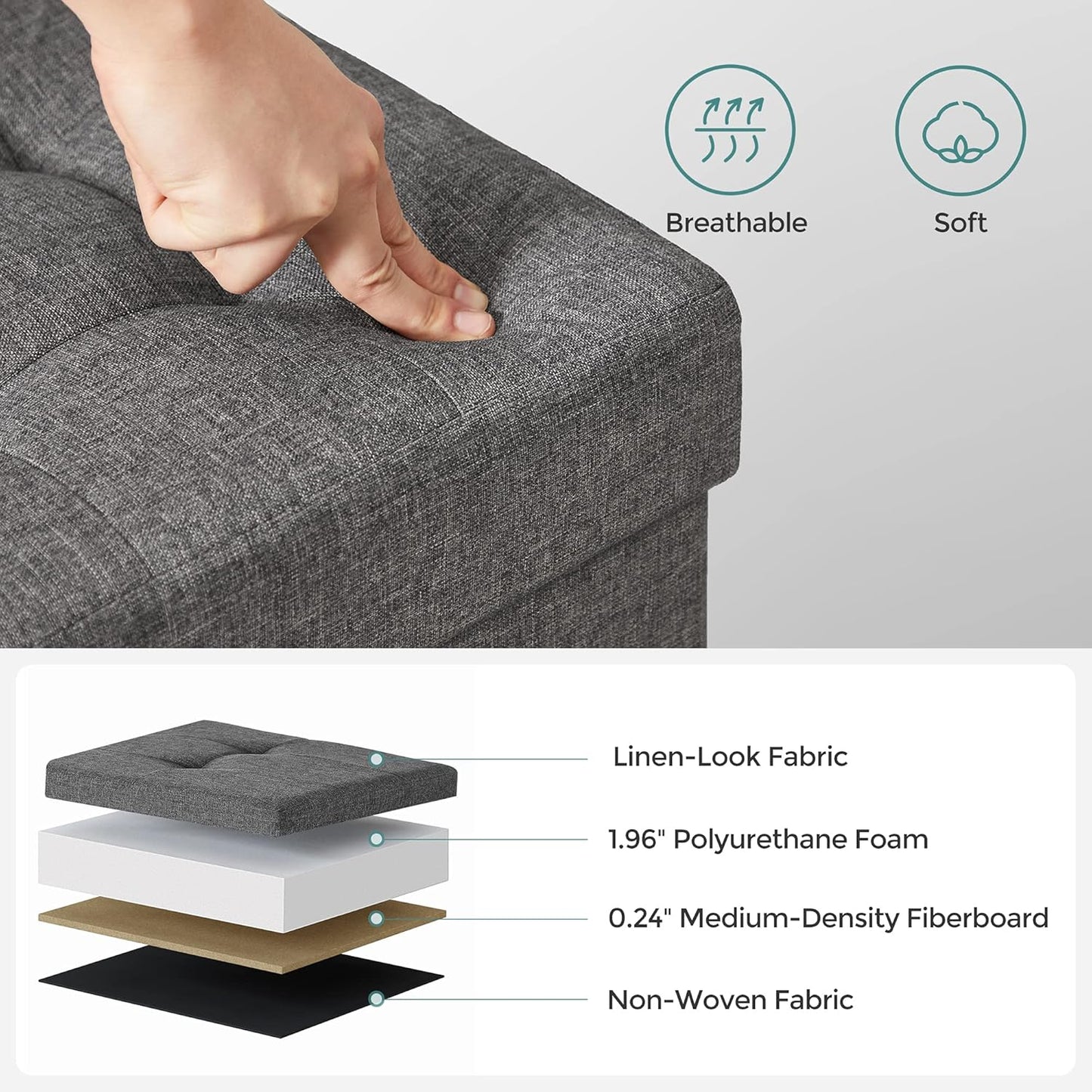 SONGMICS 15 Inches Cube Storage Ottoman, Bedroom Bench with Storage, Foot Stool with Feet, Holds Up