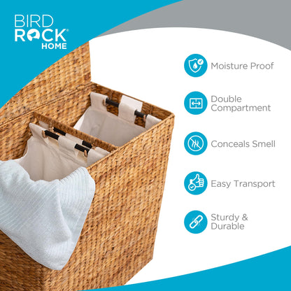 BirdRock Home Water Hyacinth Laundry Hamper Divided Interior (Natural) | Eco Friendly | Made of