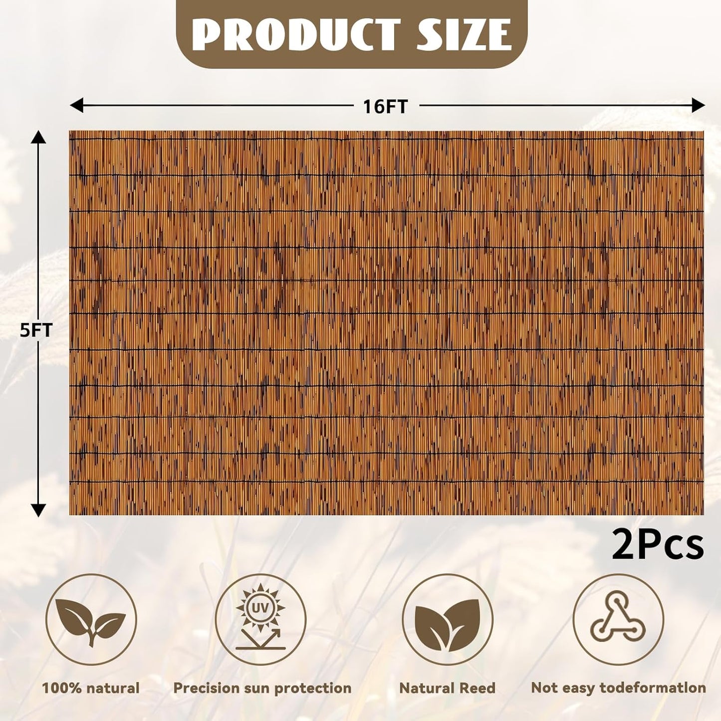 Bamboo Reed Fencing, Light Russet Decorative Bamboo Privacy Fence 5ft High, Reed Curtains for Patio