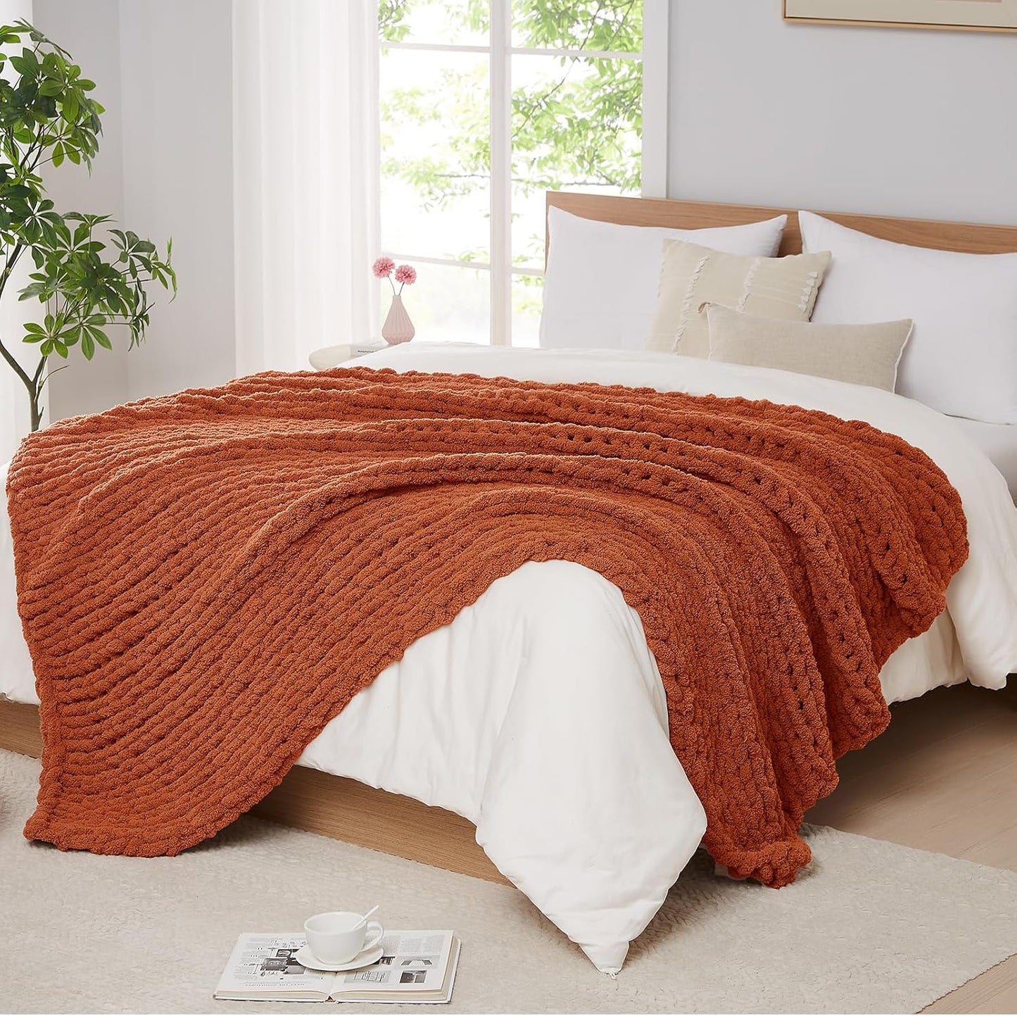 L'AGRATY Chunky Knit Blanket Throw: 60''x80'' Chenille Chunky Knitted Throw Blanket for Bed Couch