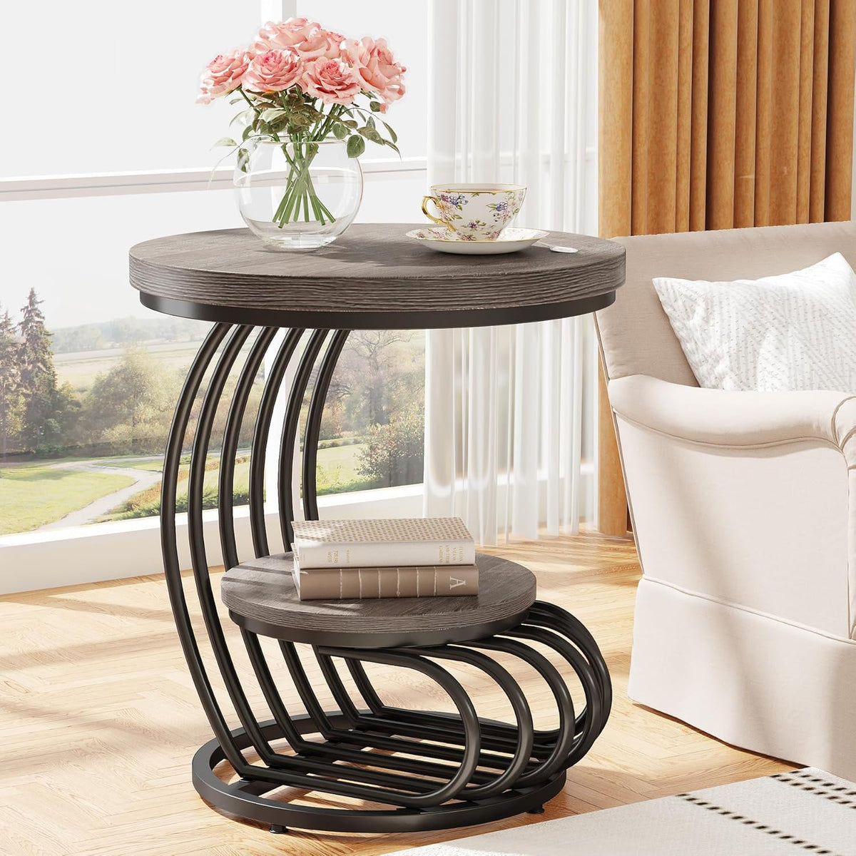 Tribesigns Round End Table: 2 Tiers Wood Side Table Set of 2 with Storage Shelf, Rustic Gray