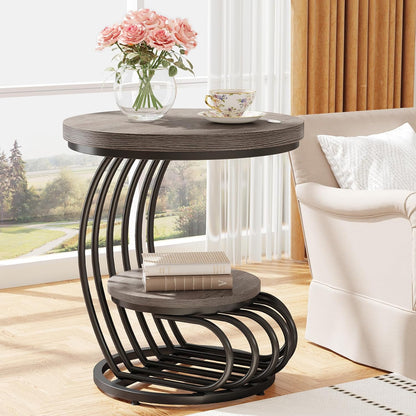 Tribesigns Round End Table: 2 Tiers Wood Side Table with Storage Shelf, Rustic Gray Bedside