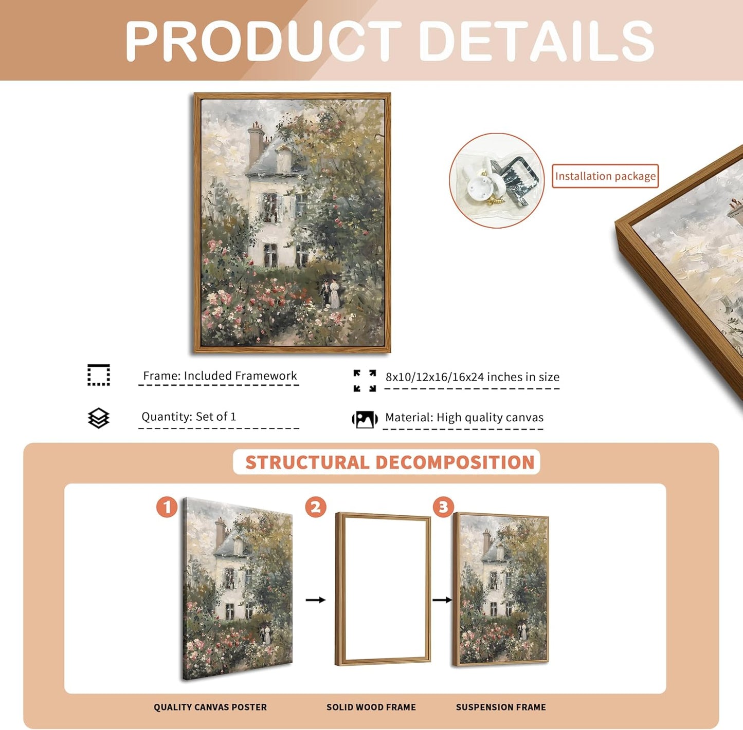 Floating Framed Canvas Vintage Wall Art, Neutral English Cottage Rose Garden Oil Paintings Print