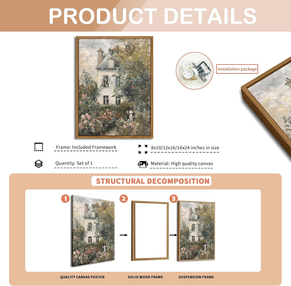 Floating Framed Canvas Vintage Wall Art, Neutral English Cottage Rose Garden Oil Paintings Print
