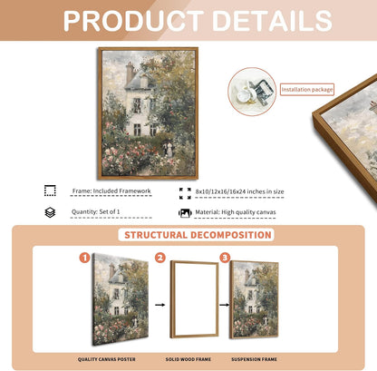 Floating Framed Canvas Vintage Wall Art, Neutral English Cottage Rose Garden Oil Paintings Print