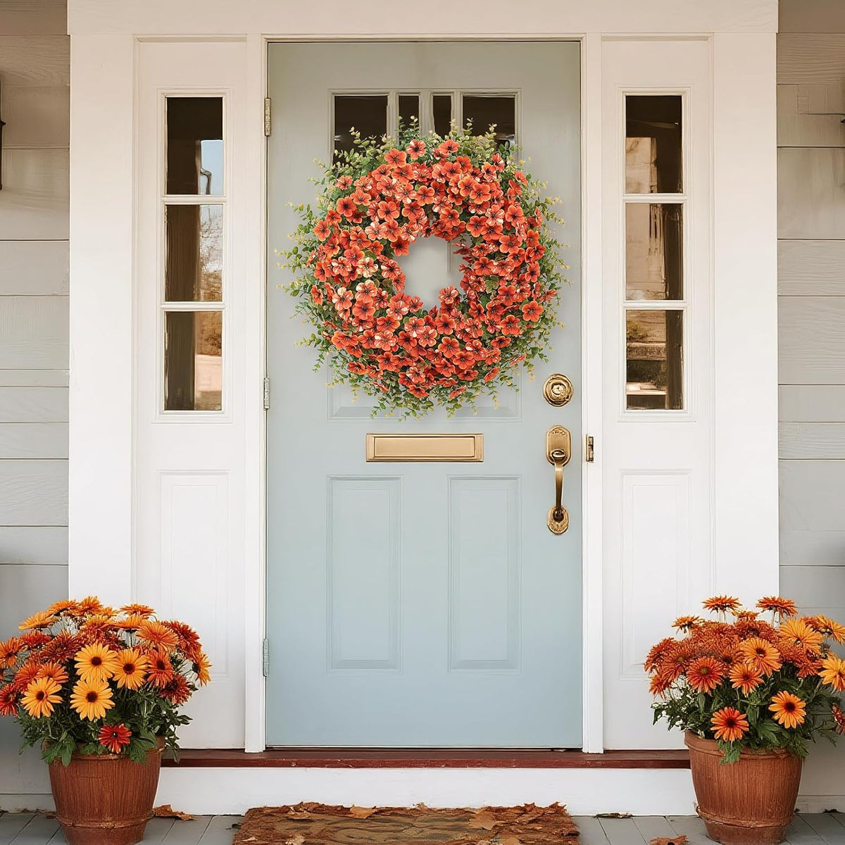 26" Fall Wreath for Front Door, Porch, Window - Large Artificial Boxwood Leaves with Fake Daisy