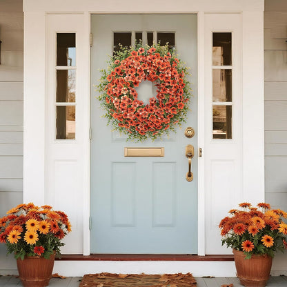 26" Fall Wreath for Front Door, Porch, Window - Large Artificial Boxwood Leaves with Fake Daisy