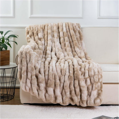 BATTILO HOME Ruched Luxurious Soft Beige Faux Fur Throw Blanket Fuzzy Plush Elegant with Reversible