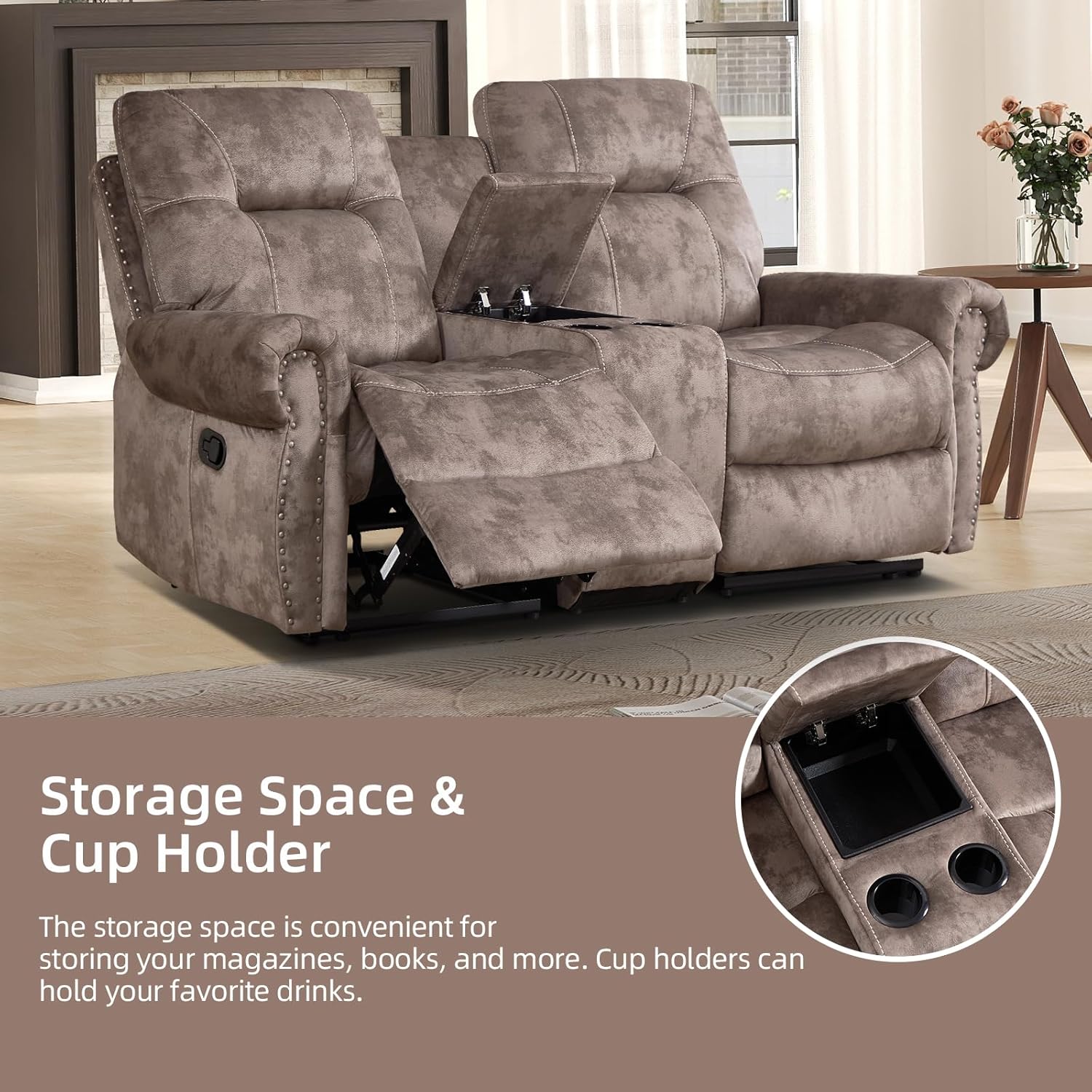 EBELLO Manual Recliner Loveseat Sofa, 2 Seater Reclining Couch Chair with Center Console, Hidden