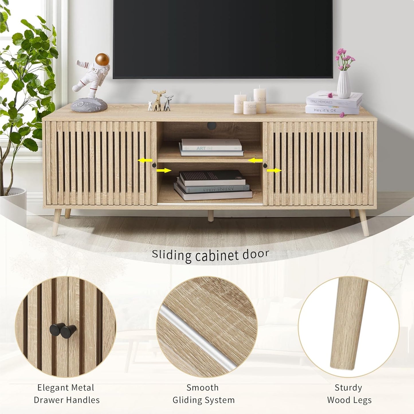Mid Century Modern TV Stand for Televisions up to 70 Inches, with Sliding Doors and Storage