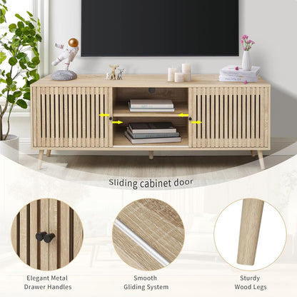 Mid Century Modern TV Stand for Televisions up to 70 Inches, with Sliding Doors and Storage