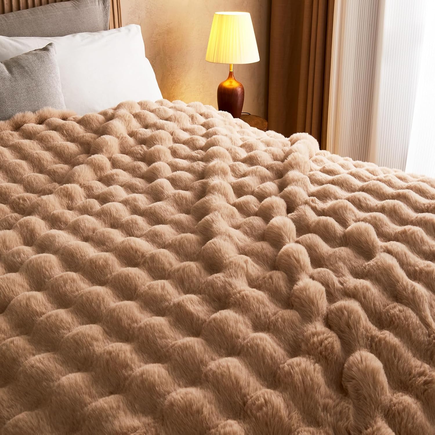 Lotus Karen Queen Size Faux Fur Blanket Khaki - Big Bubble Rabbit Fluff Blanket for Bed, Large