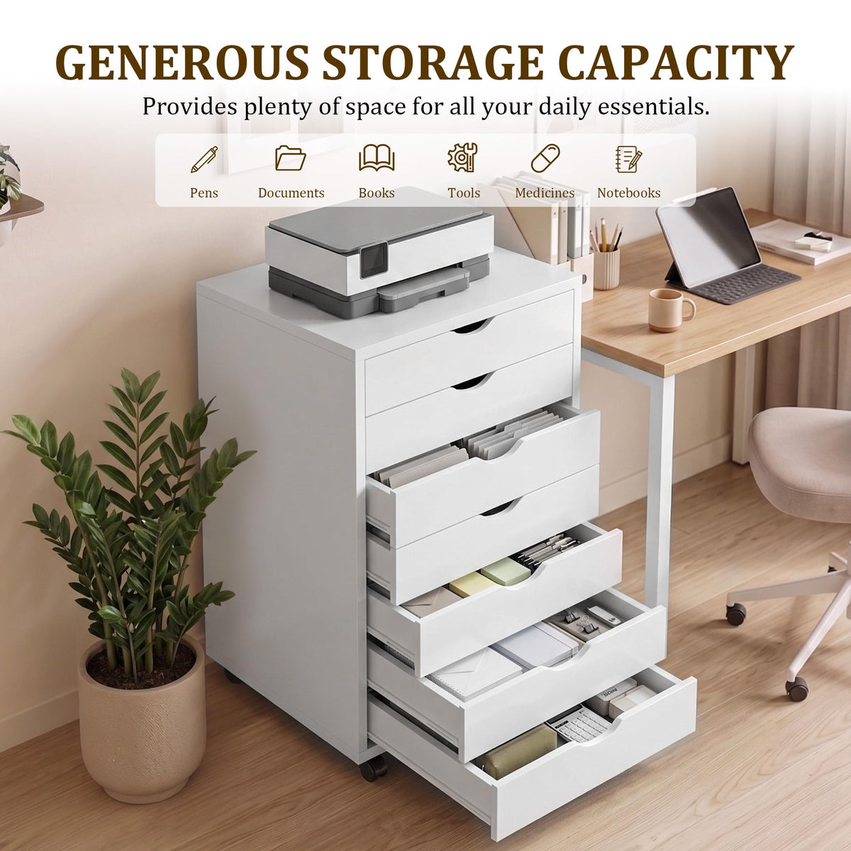 7 Drawer Mobile File Cabinet with Wheels, Office Storage Drawers, White
