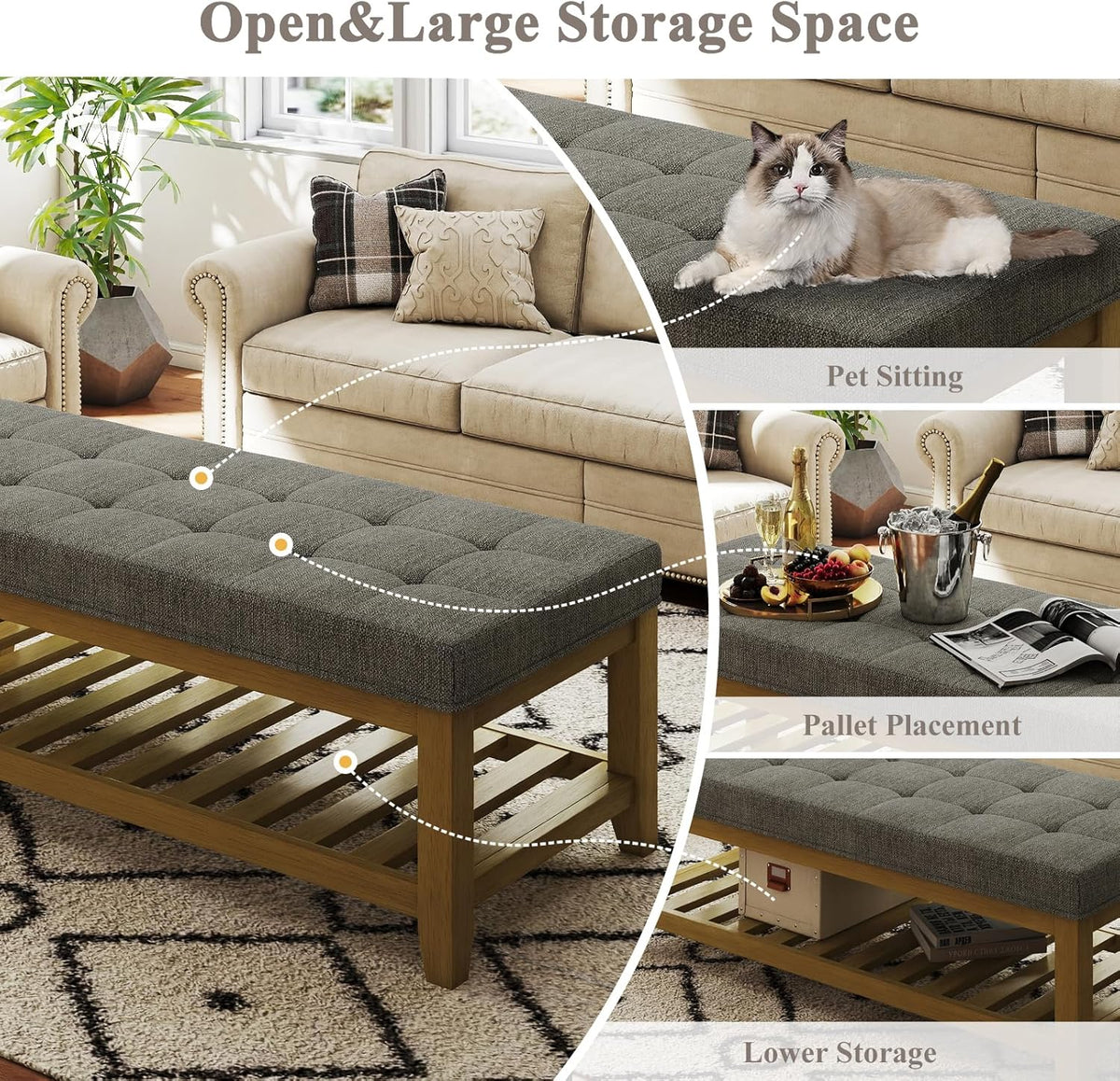 Large Rectangular Upholstered Ottoman Bench, Linen Tufted Footrest Ottoman with Solid Wood Shelf