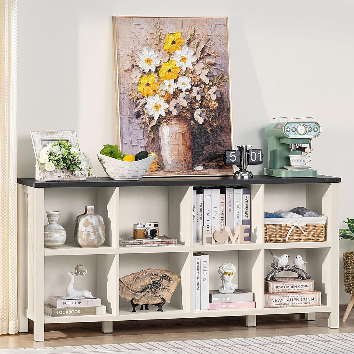 8 Cube Book Shelf, Farmhouse Wood Long Storage Organizer Bookcase, 62" Horizontal Antique White &