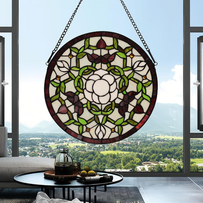 Handcrafted Stained Glass Window Panel - 12-Inch Round Floral Design with Vibrant Colors, Elegant