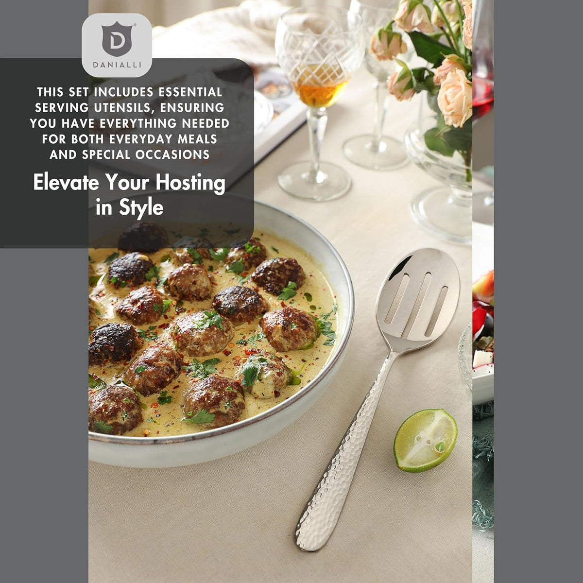 Hammered Silverware Set with Serving Utensils, 18/10 Stainless Steel Flatware for 8, Dishwasher