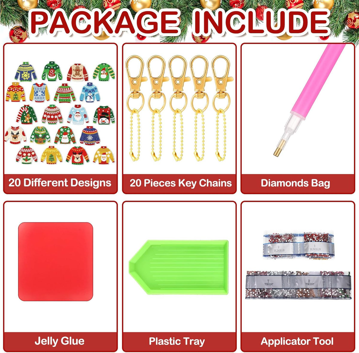 Tondiamo 20 Pcs Christmas Diamond Painting Keychain Kits 5D DIY Diamond Art Pendants Double Sided
