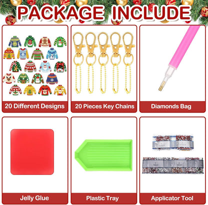 Tondiamo 20 Pcs Christmas Diamond Painting Keychain Kits 5D DIY Diamond Art Pendants Double Sided