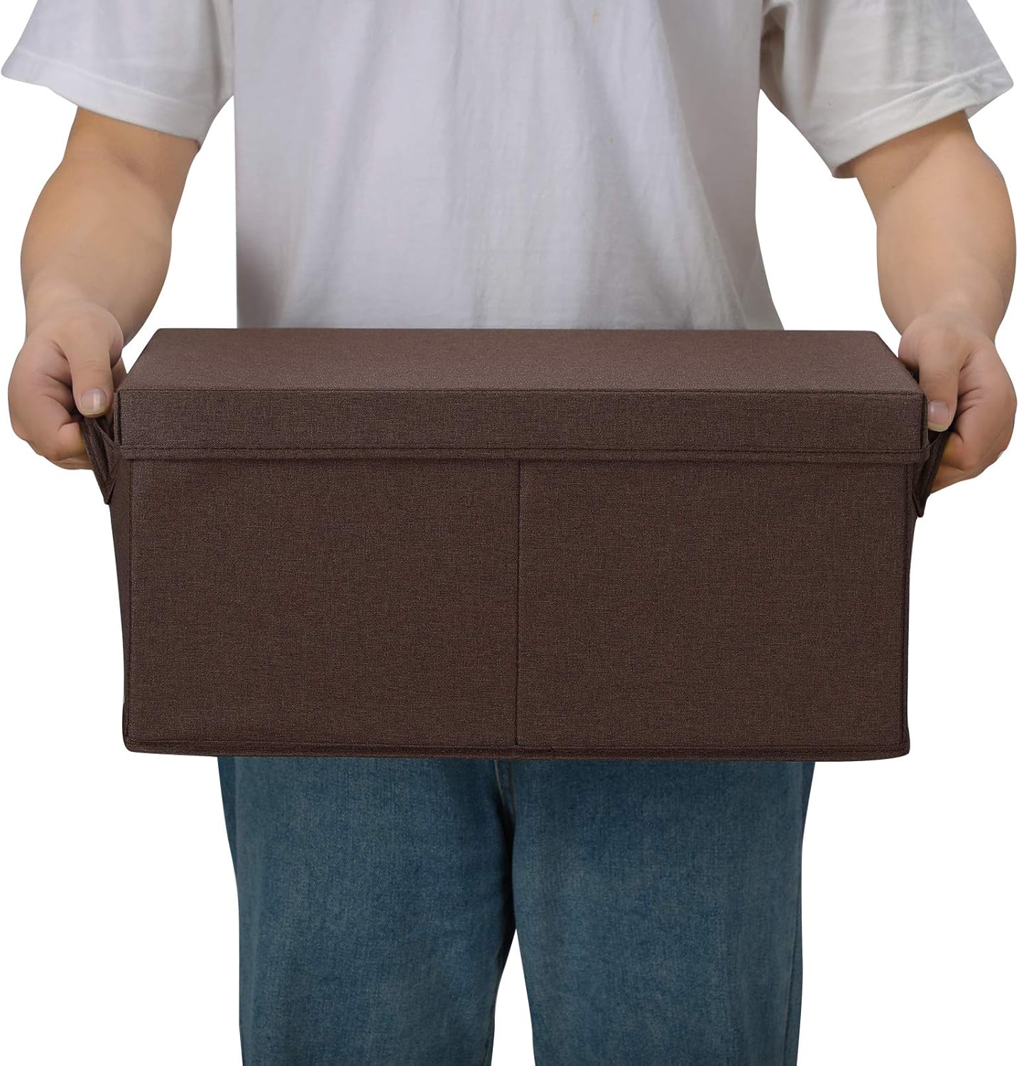 HOONEX Linen Foldable Storage Bins with Lids, 2 Pack, Storage Boxes with Carrying Handles and