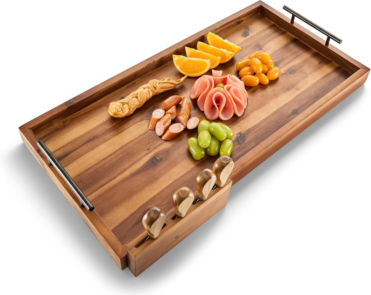 24" Large Charcuterie Tray with Handles, Extra Long Wooden Serving Cheese Boards - Serving Platter