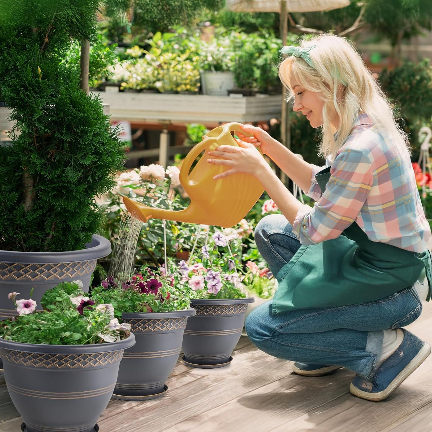 4 Pack 16 Inch Large Plant Pots, Plastic Flower Pot for Indoor & Outdoor with Drainage Holes &