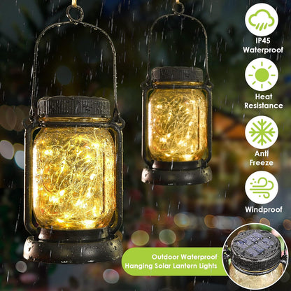 Mlambert 4 Pack Solar Hanging Lantern with Stakes, Outdoor Waterproof Solar Mason Jar Fairy String