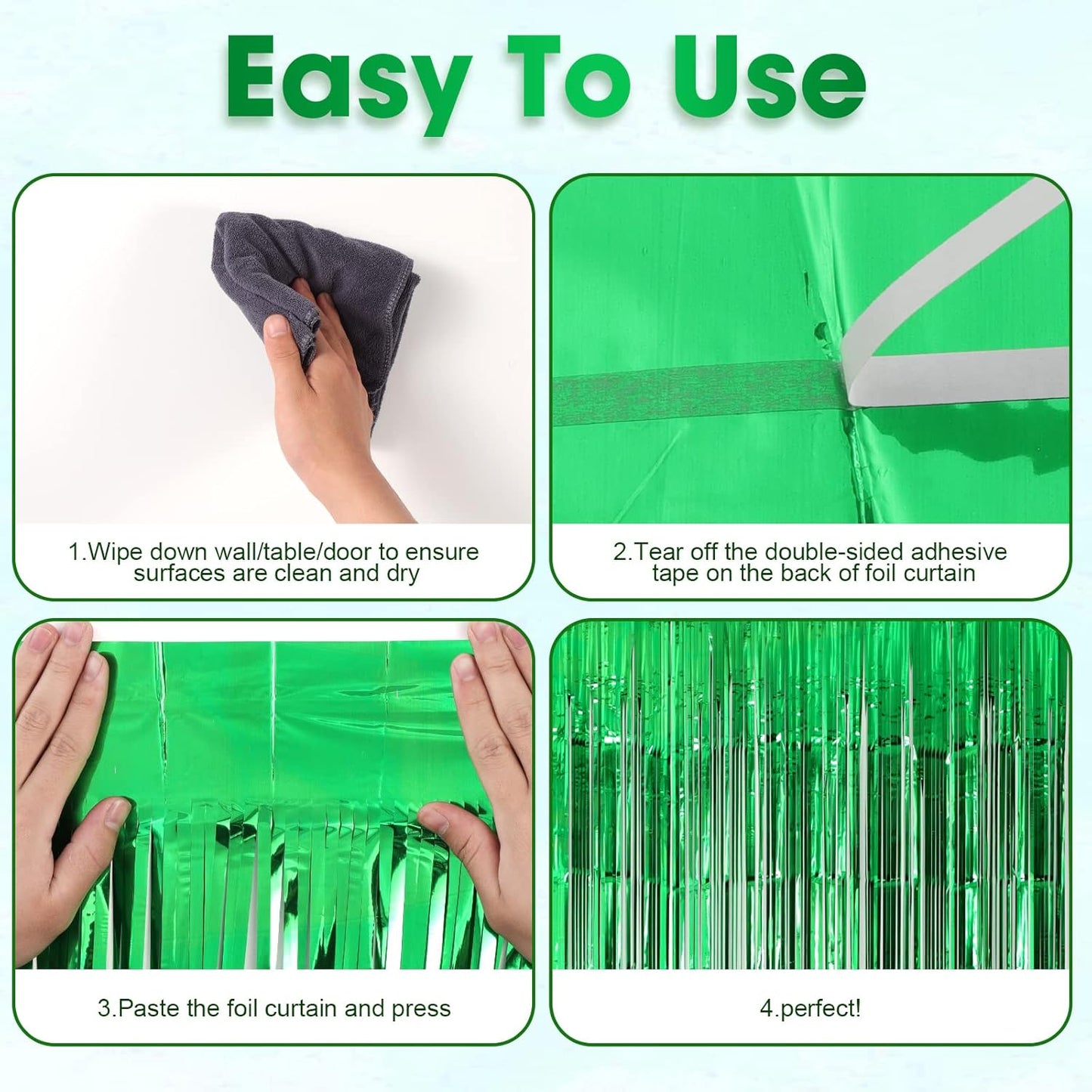 3 Pack 3.3x8.2 Feet Green Foil Fringe Backdrop Curtains, Tinsel Streamers Birthday Party