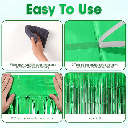 3 Pack 3.3x8.2 Feet Green Foil Fringe Backdrop Curtains, Tinsel Streamers Birthday Party