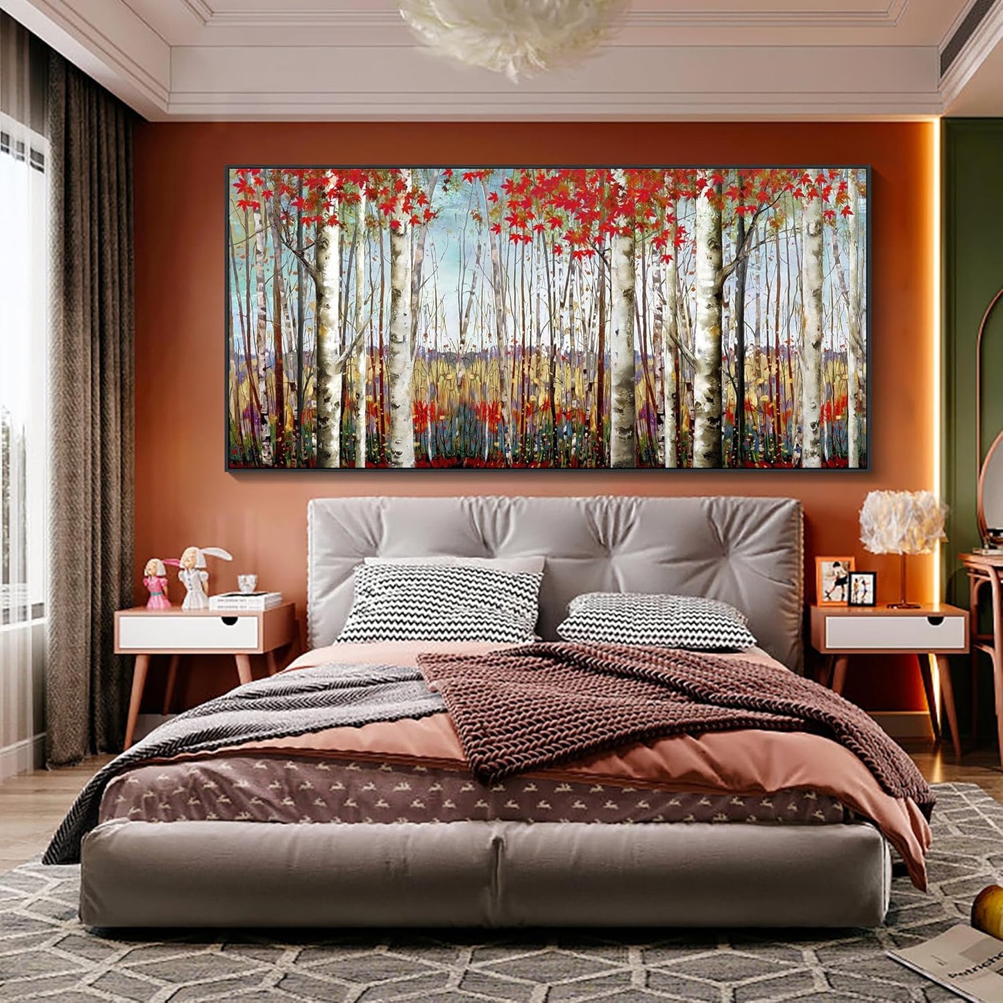 Mofutinpo Large Framed Wall Decor canvas Red Leaves White Birch Tree Wall Art For Living Room