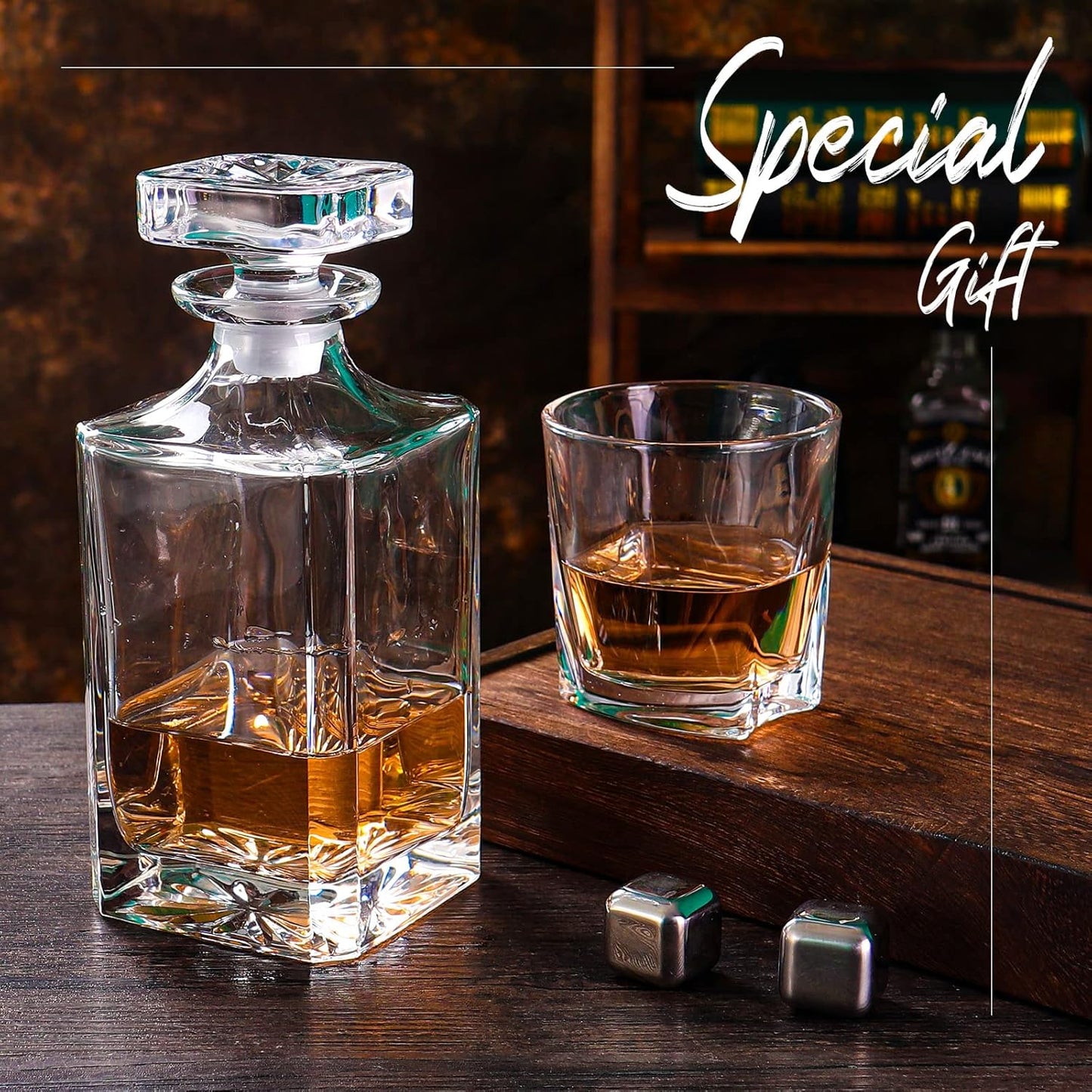 Glass Decanter with Airtight Geometric Stopper - Whiskey Decanter for Wine, Bourbon, Brandy