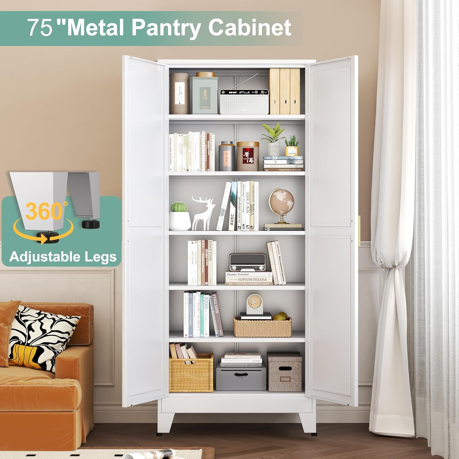 Metal Pantry Cabinet with 2 Doors and 5 Adjustable Shelves, 75" Kitchen Storage cabinets with Gold