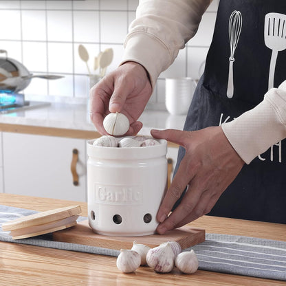 Large Garlic Keeper with Wooden Lid, Ceramic Garlic Holder Storage, Garlic Container for Kitchen