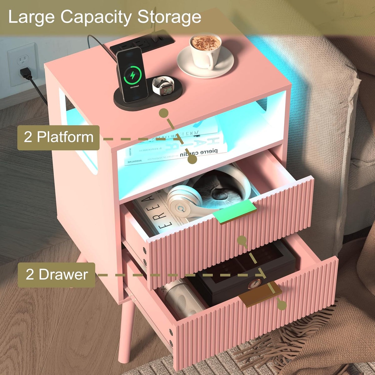 Pink Nightstand with Charging Station and LED Lights,Modern Bedside Table with 2 Storage Drawer and
