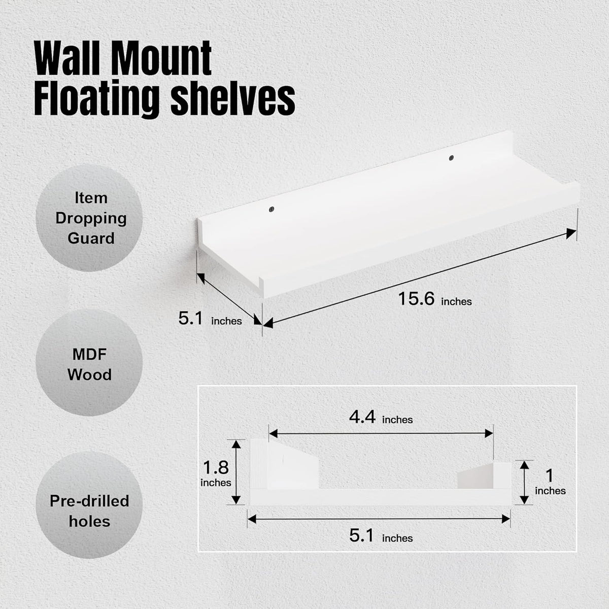 RICHER HOUSE 5 Set White Floating Shelves, Wall Mounted Shelves for Wall Decor, Modern Picture