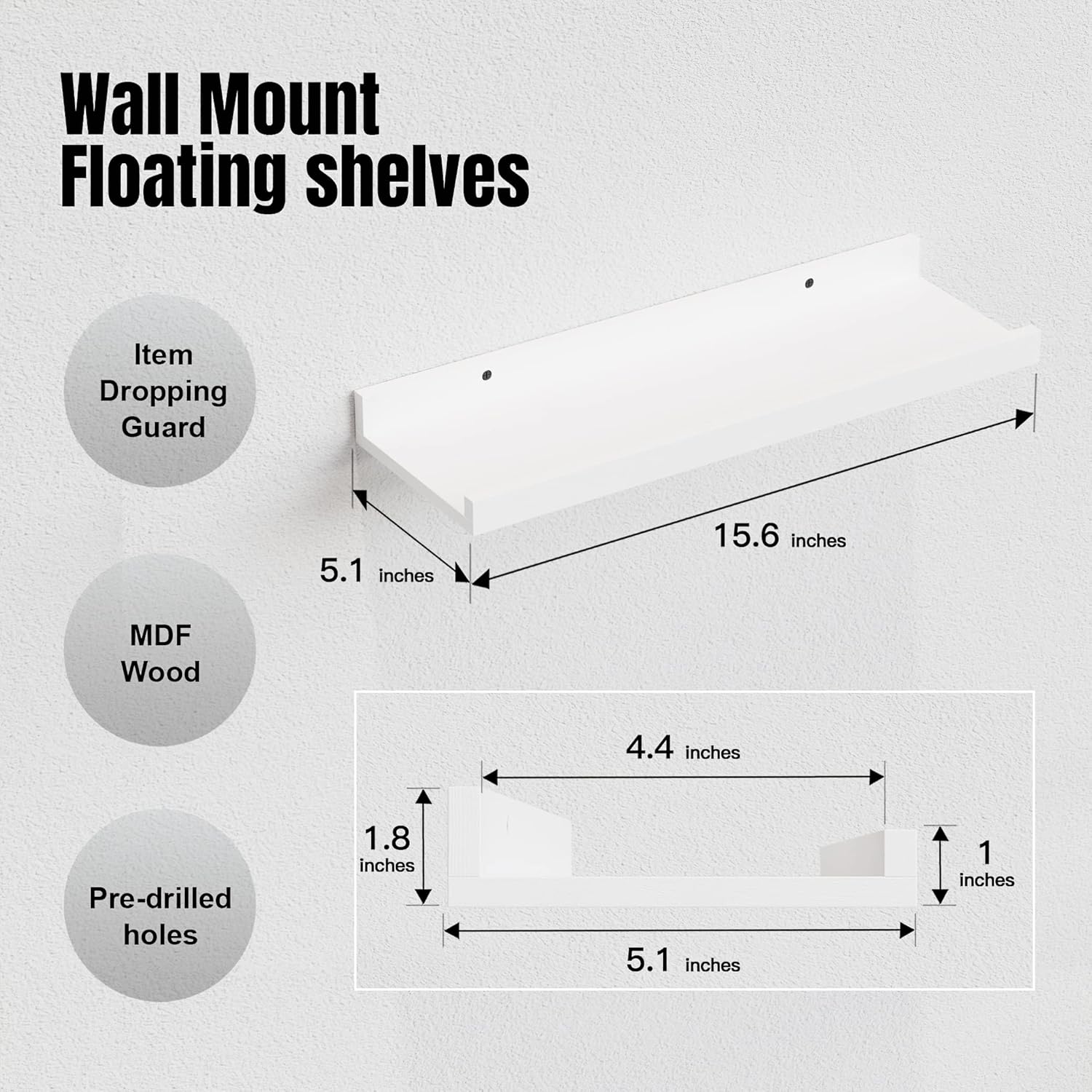RICHER HOUSE 5 Set White Floating Shelves, Wall Mounted Shelves for Wall Decor, Modern Picture