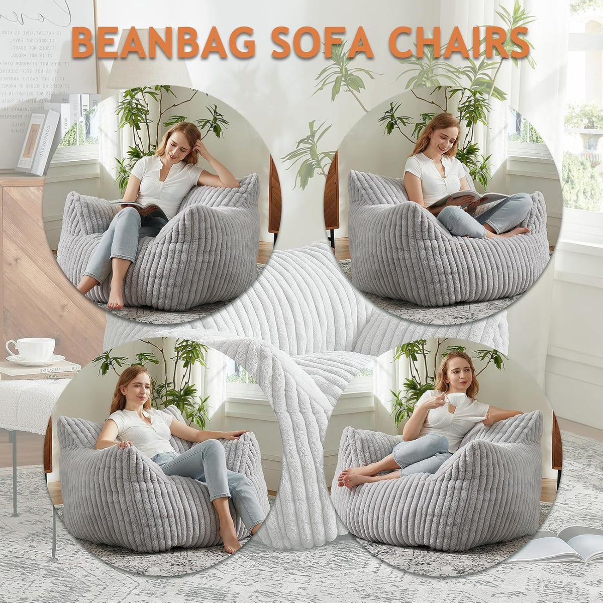 Giant Bean Bag Chairs for Adults with Filling Plush Fluffy Bean Bag Chairs for Teens with Armrests
