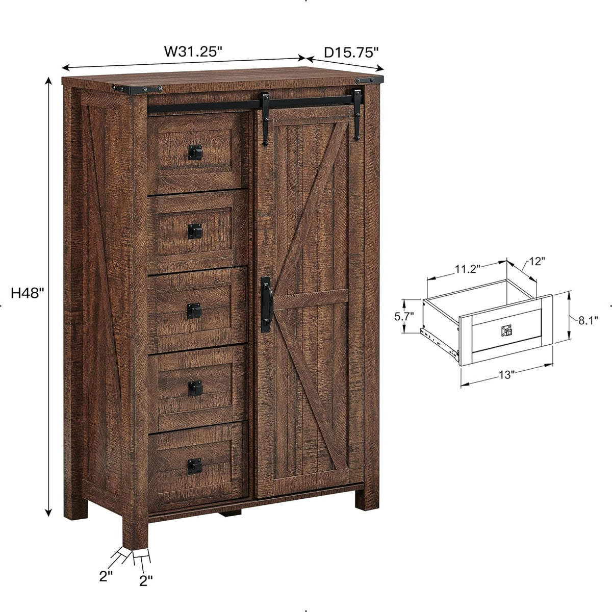T4TREAM 5 Drawers Dresser for Bedroom w/Sliding Barn Door, Farmhouse Modern Dresser Tall 5 Chest of