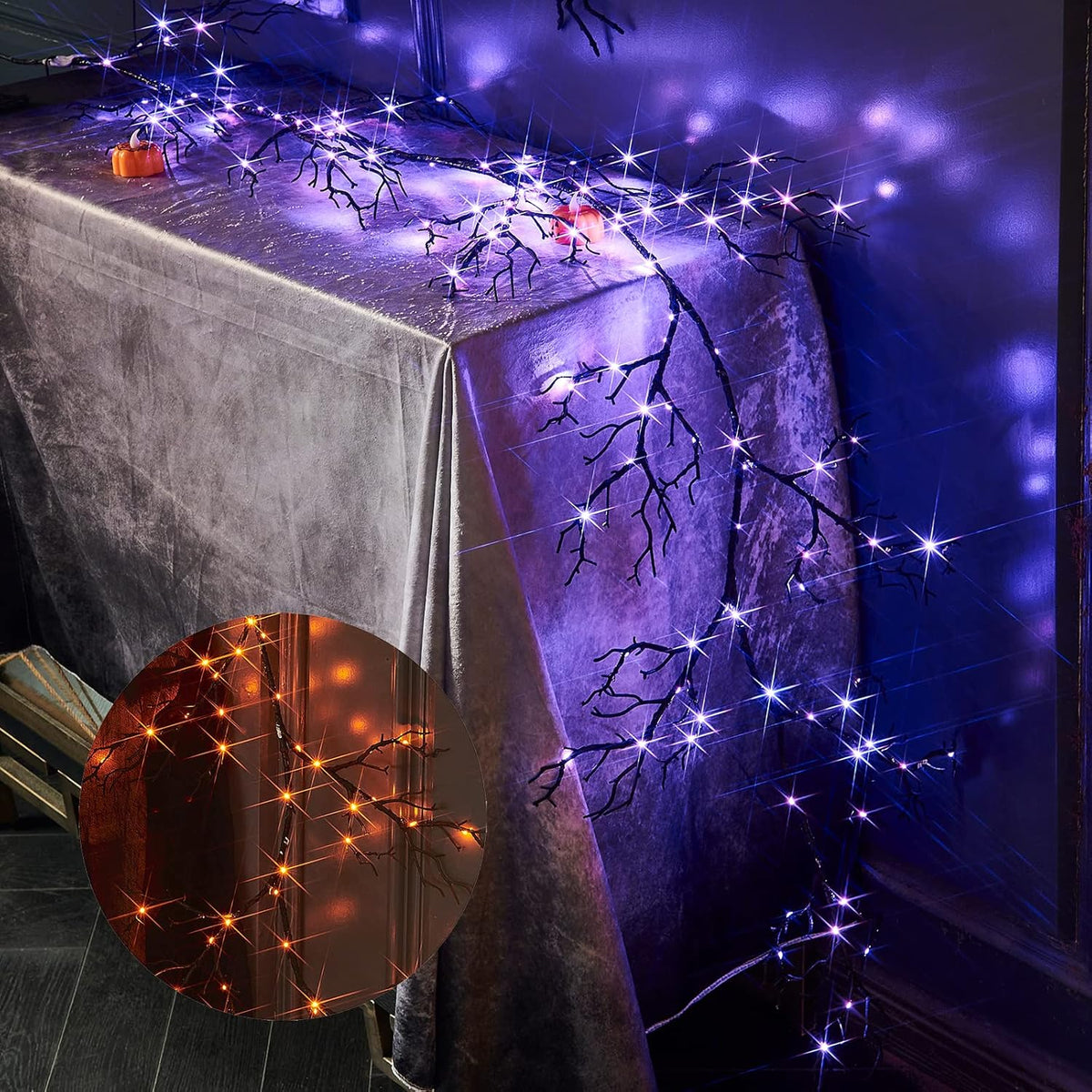 Birchlitland Halloween Lighted Garland 6FT 120L Orange and Purple Bi-Color LED Lights 8 Functions