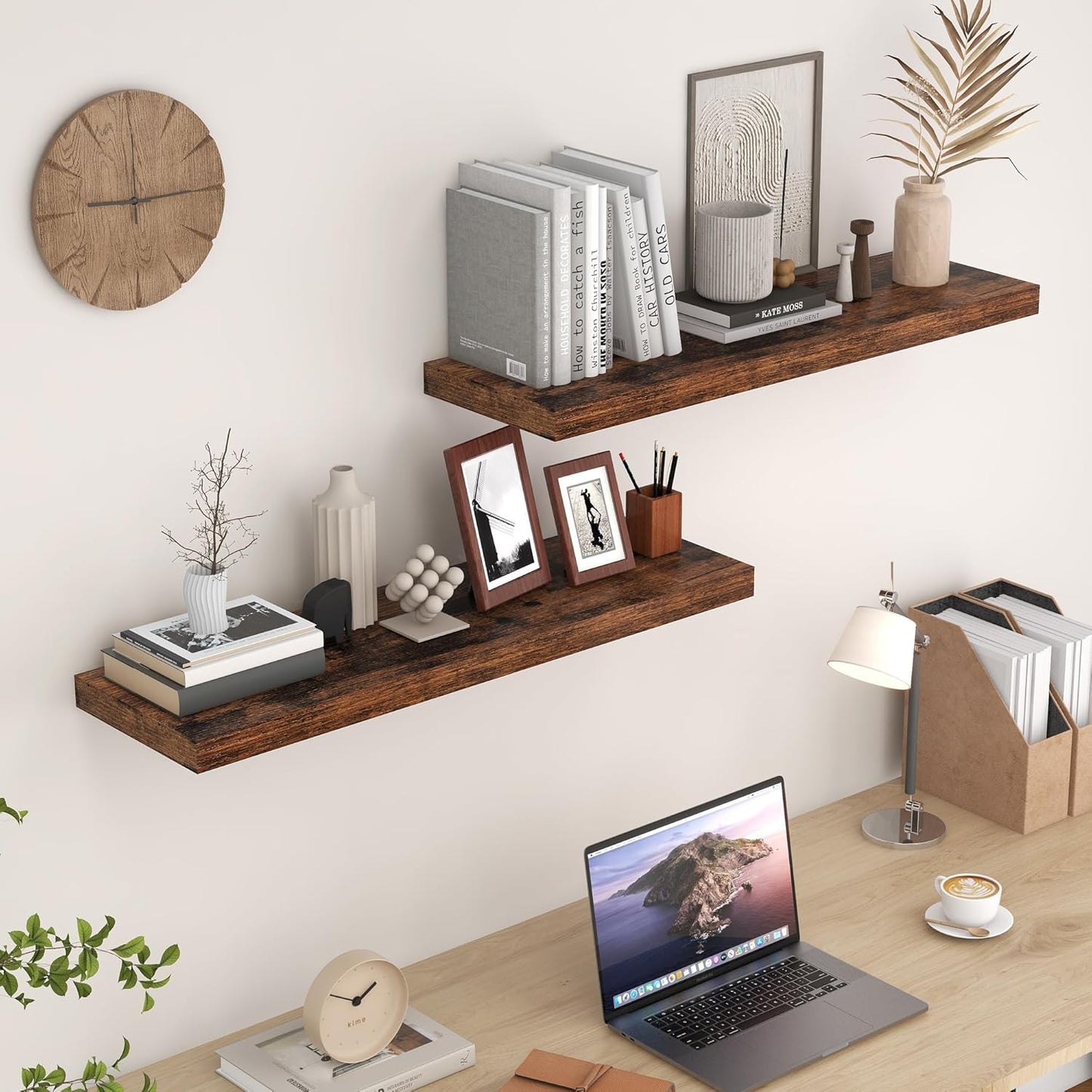Fun Memories Rustic Wood Floating Shelves for Wall, 36 x 9 Wall Shelves Set of 2, Deep Floating