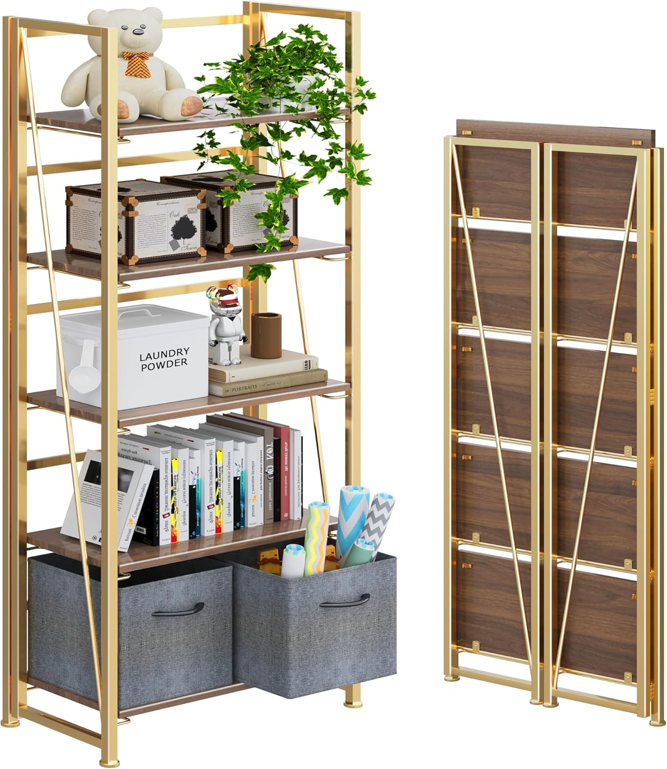 4NM No Assembly Foldable Bookshelf, 5-Shelf Collapsible Bookcase Storage for Small Spaces, 62.2" H