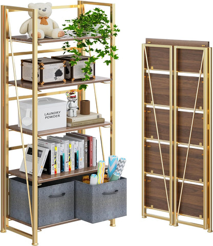 4NM No Assembly Foldable Bookshelf, 5-Shelf Collapsible Bookcase Storage for Small Spaces, 62.2" H